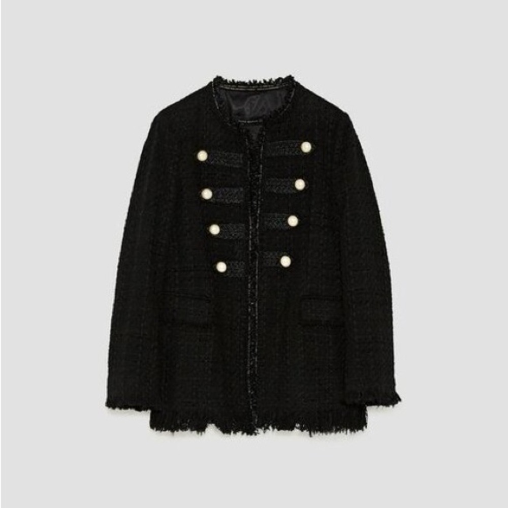 Black Textured Coat with Pearl-like Embellishmentsshments
